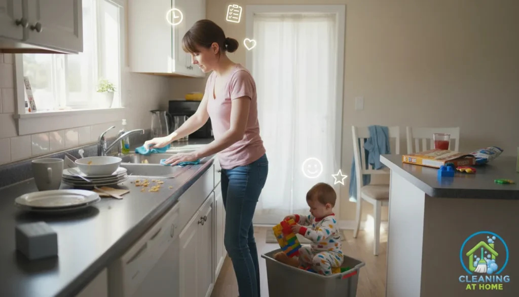 Woman washing dishes at the sink while a small child stays nearby, representing a realistic daily kitchen cleaning moment.