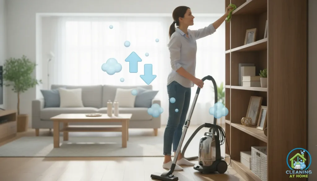Woman vacuuming the living room floor using a modern vacuum cleaner as part of a regular home cleaning task.