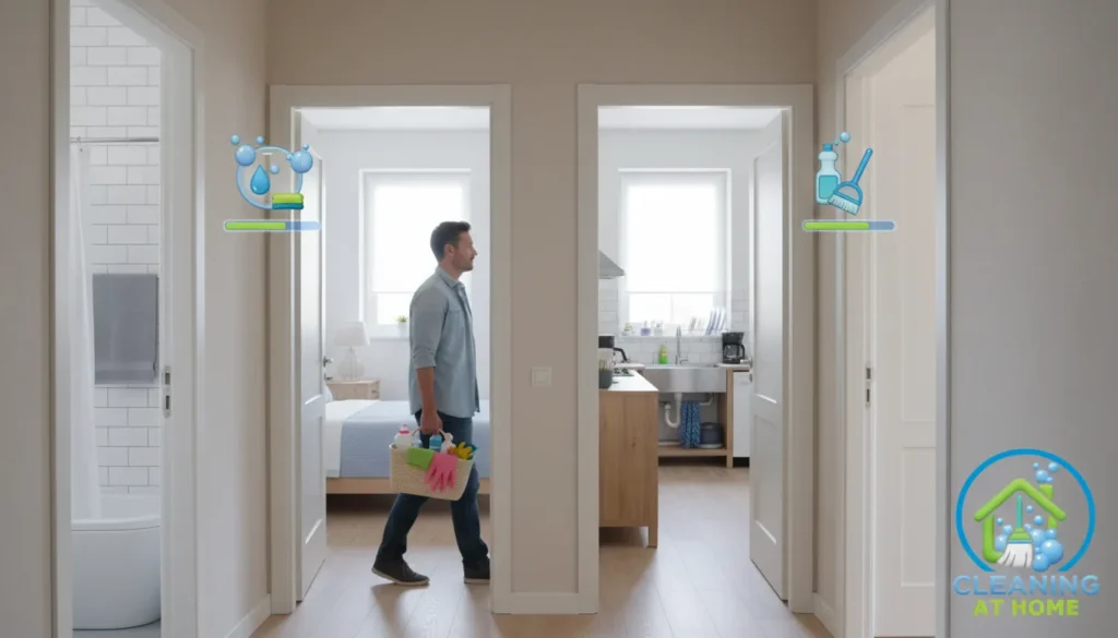 Man walking through a clean hallway carrying cleaning supplies, showing a transition between rooms during daily cleaning