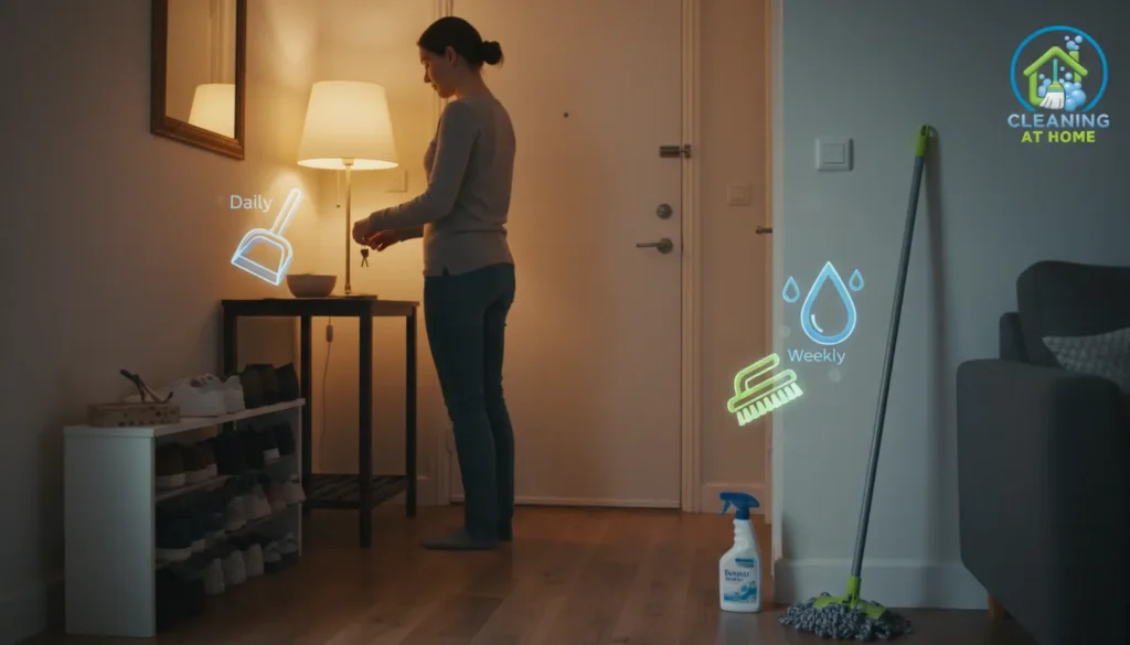 Woman spraying and wiping a door area in low light, focusing on small daily cleaning tasks often forgotten.