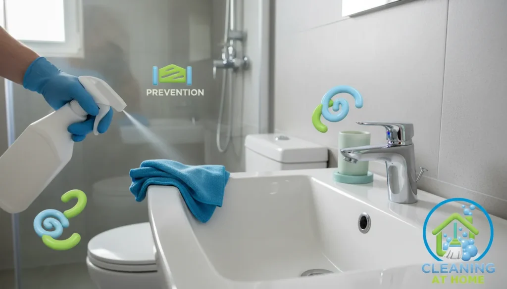 Clean bathroom sink and countertop with cleaning cloth placed nearby, representing a simple daily bathroom cleaning habit.