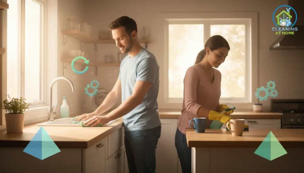 Man and woman preparing a surface together on a kitchen island, showing teamwork in daily home cleaning routines.