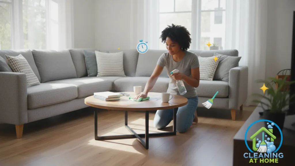 Person wiping table surface during daily cleaning;