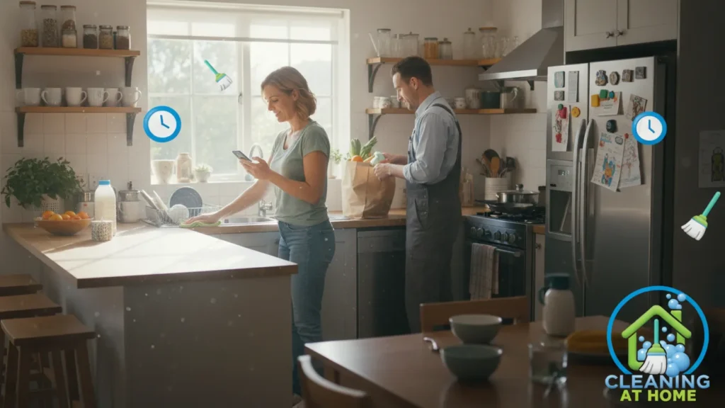 Couple cleaning kitchen counter together;