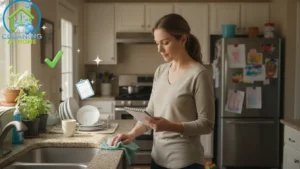 Person cleaning kitchen counter near sink;