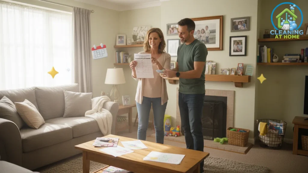 Family organizing living room together after cleaning;