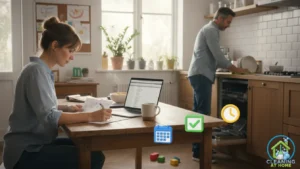 Person standing in living room with cleaning supplies nearby;