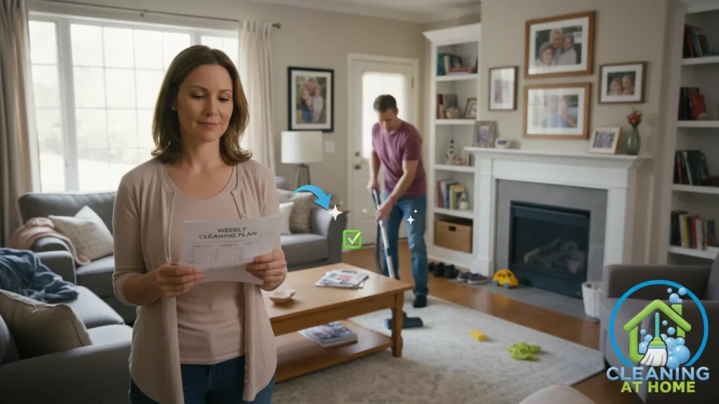 Person standing in tidy kitchen after cleaning;