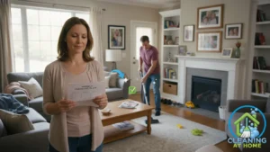 Person standing in tidy kitchen after cleaning;