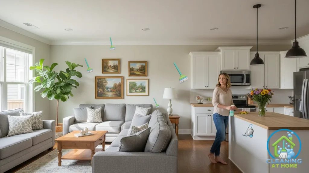 Clean living room with sofa and table;