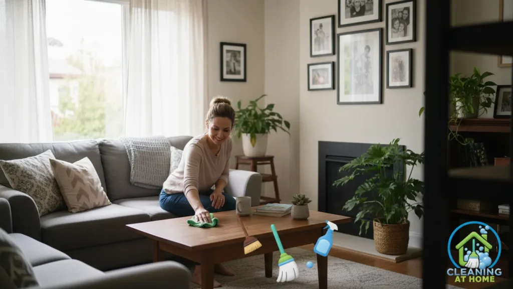 Clean living room with organized furniture;