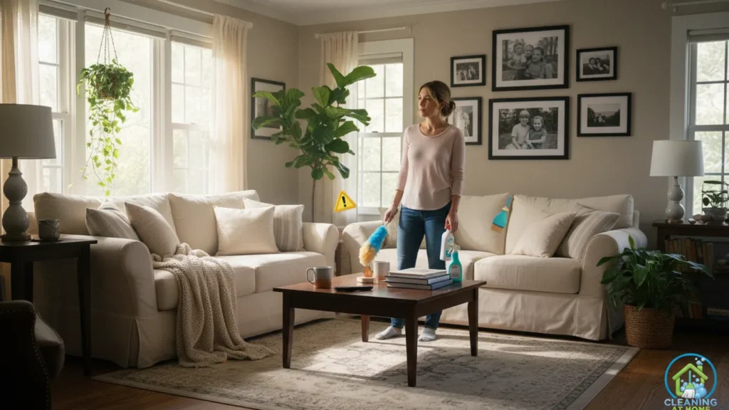 Person arranging items on coffee table after cleaning;