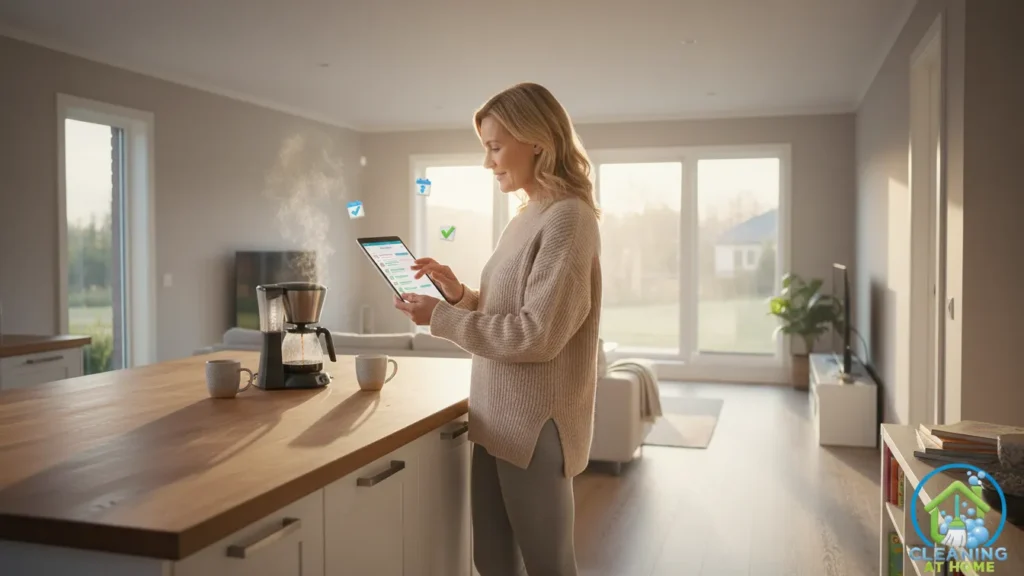 Person cleaning kitchen shelves;