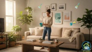 Person cleaning living room table surface;