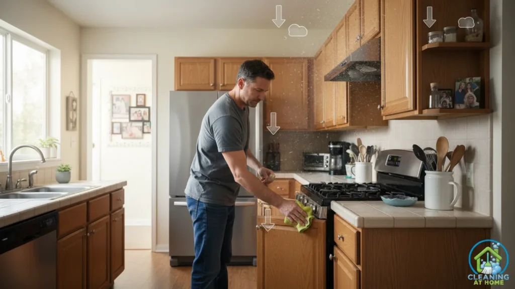 Person standing in clean kitchen with bright light;