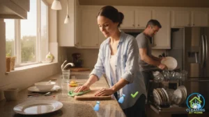 Person cleaning kitchen surface with sponge;