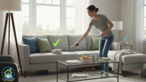 Person wiping sofa armrest with cloth;