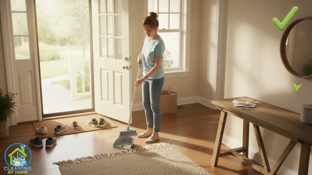 Person kneeling to clean floor surface;