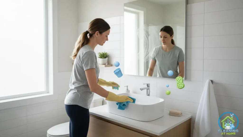 Person wiping bathroom sink with cloth;