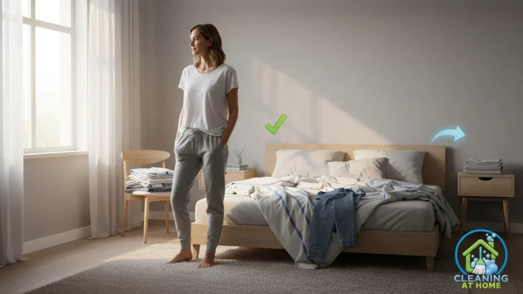 Person standing in clean bedroom after tidying;