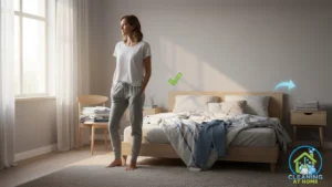 Person standing in clean bedroom after tidying;