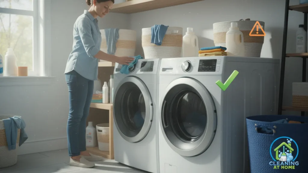 Washing machines in clean and organized laundry room;