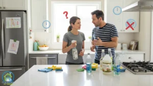 Couple cleaning kitchen together;