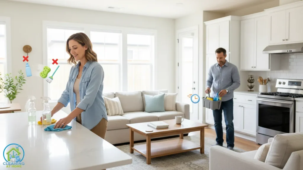 Person standing in clean living room after tidying;
