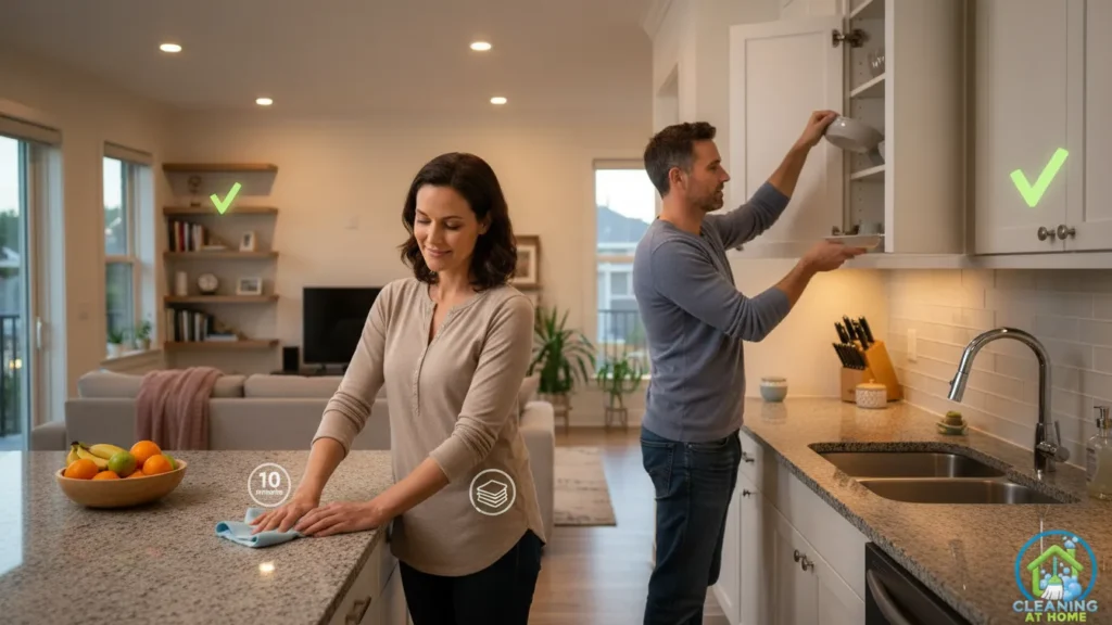 Person holding cleaning cloth while reviewing area;