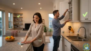 Person holding cleaning cloth while reviewing area;