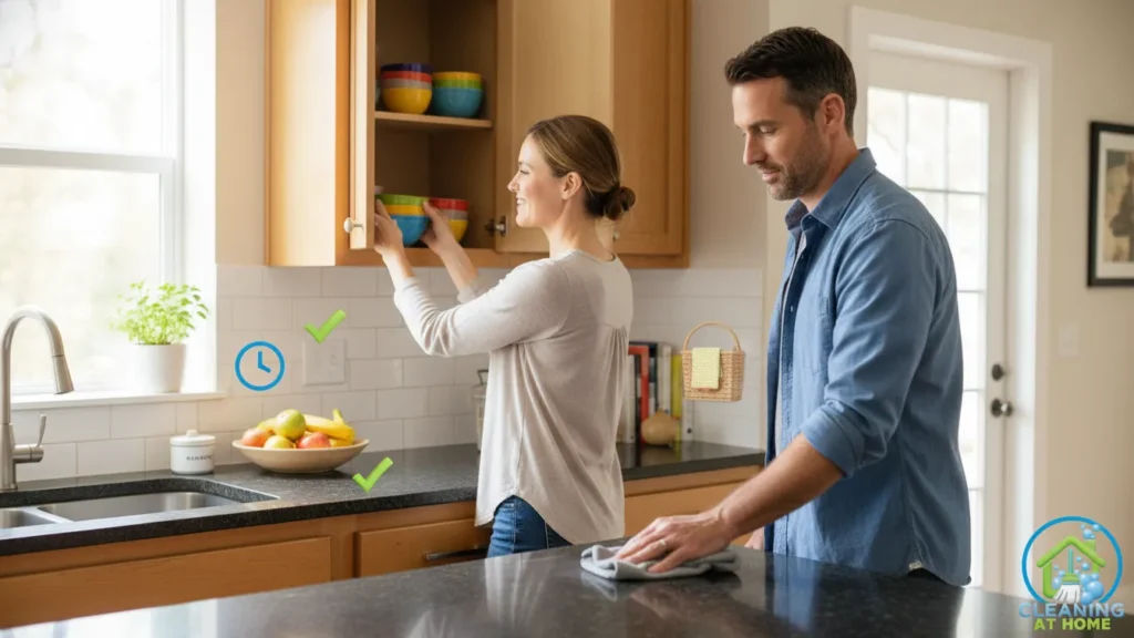 Person wiping window or wall surface during cleaning;