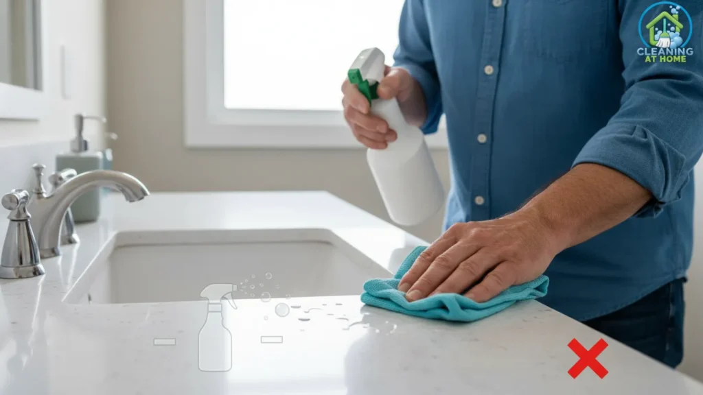 Person wiping sink area with cleaning sponge;