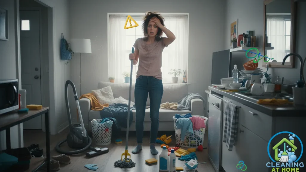 Person standing among cleaning supplies after decluttering;