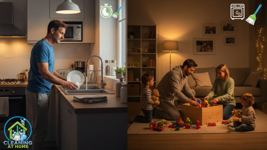 Person cleaning table surface in warm lighting;