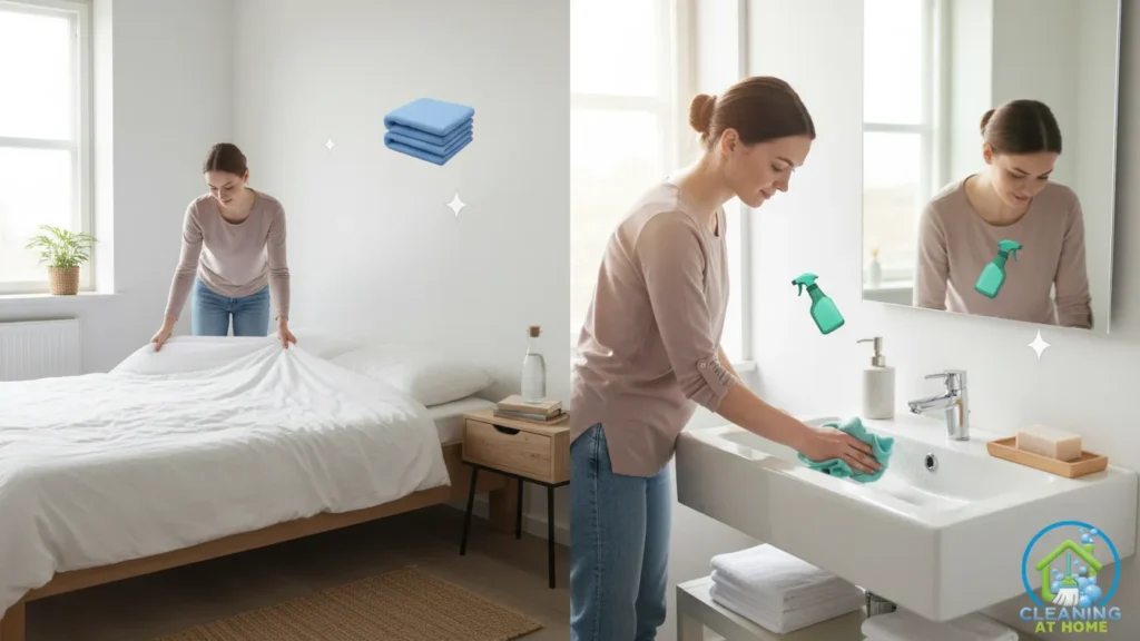 Person cleaning bathroom sink with sponge;