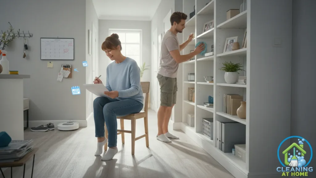 Person sitting by window after completing cleaning tasks;