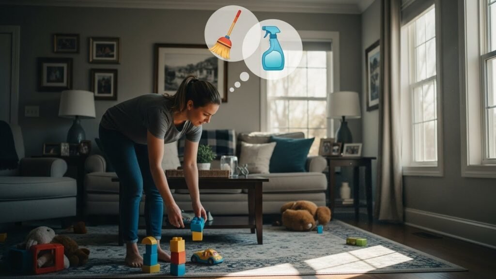 Person cleaning floor while organizing toys;