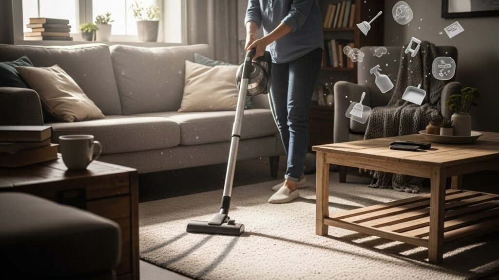 Person vacuuming floor in living room;