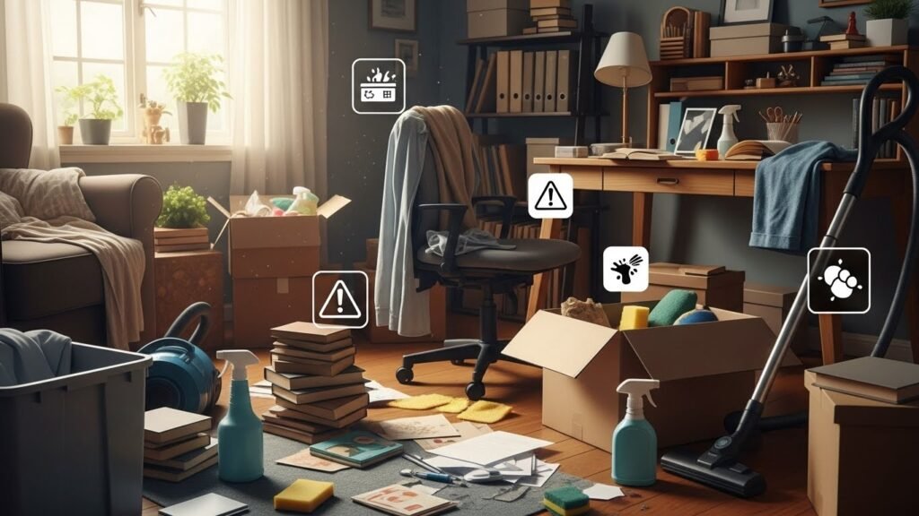 Person sorting cleaning tools and supplies on table