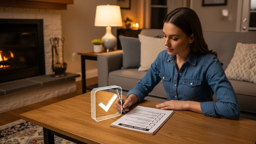 Person writing cleaning checklist at organized desk;