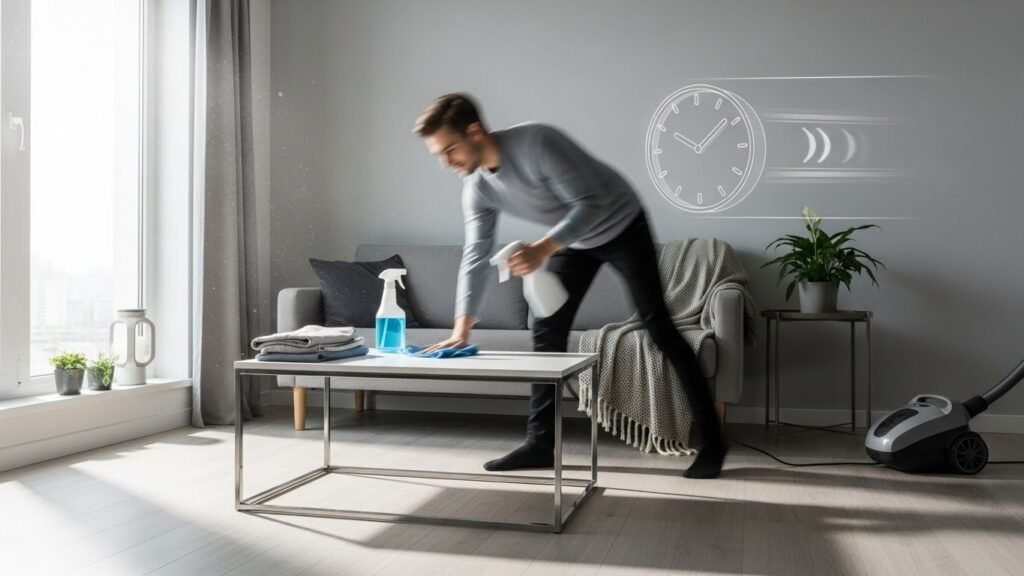 Person cleaning floor using mop in living room;