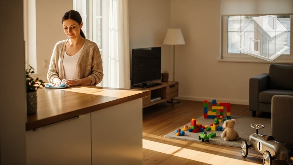 Clean bedroom floor with sunlight and tidy furniture