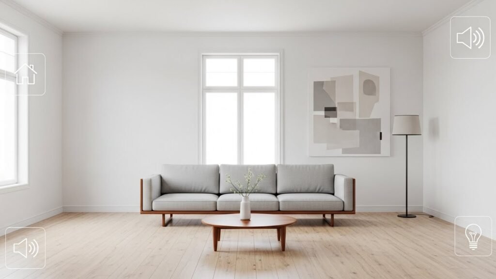 Bright living room with clean sofa and minimal decor;