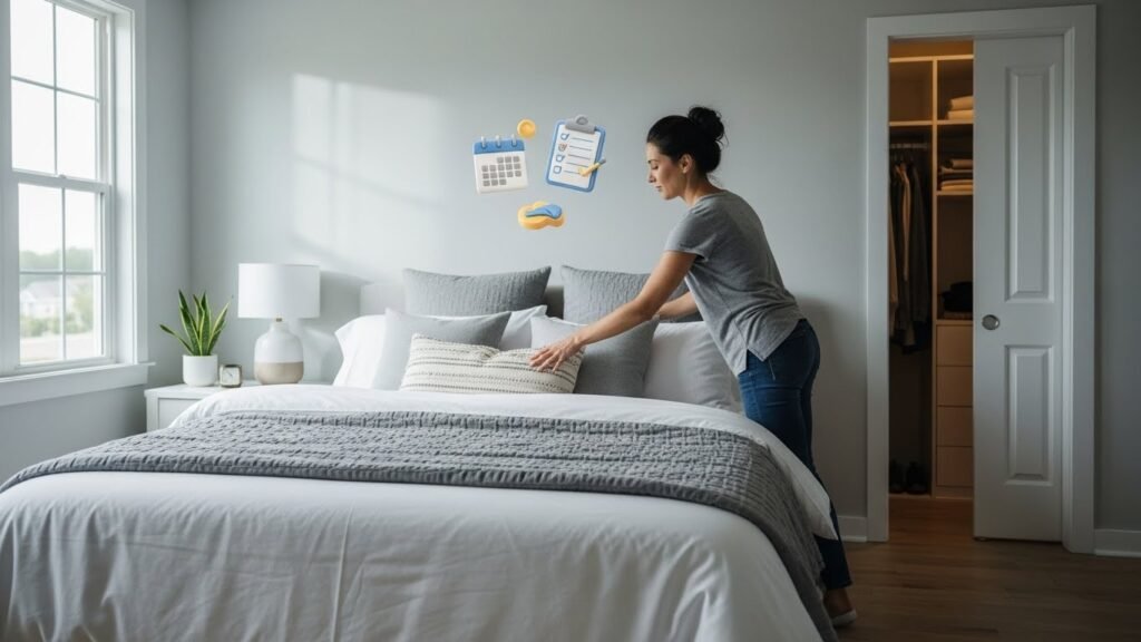 Person making bed in clean and tidy bedroom;